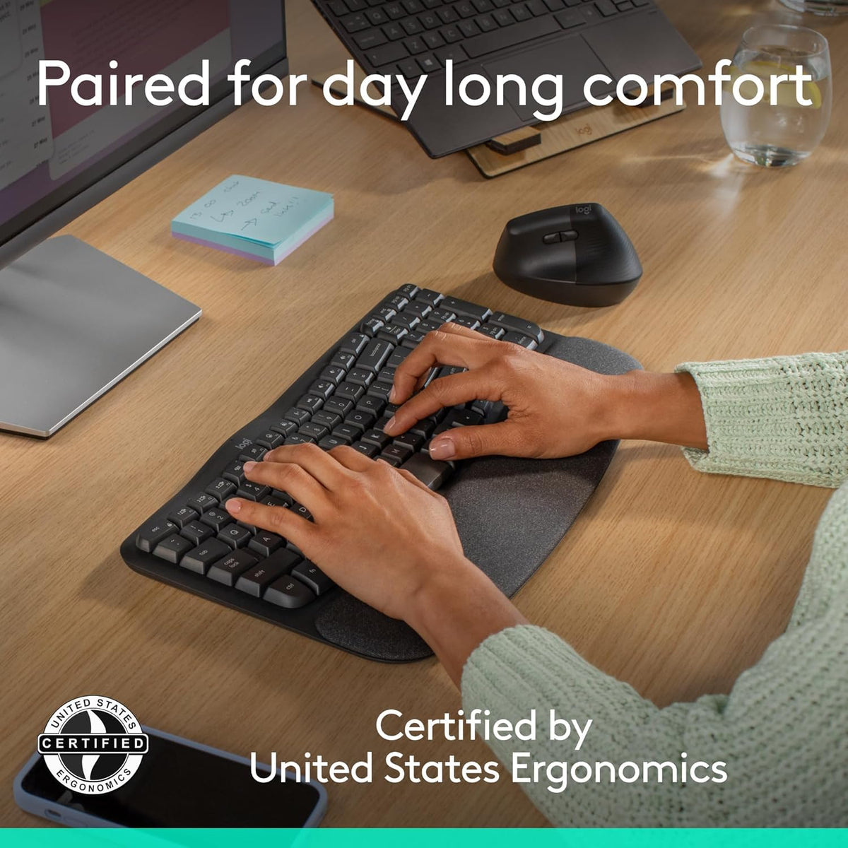 Wave Keys & Lift Vertical Mouse - Ergonomic Wireless Keyboard and Mouse Combo - with Cushioned Palm Rest by Logitech – One Size, Graphite, Model 920-013610
