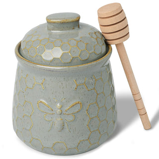 Quxija Ceramic Honey Pot with Dipper and Lid, 10oz, Vintage Grey