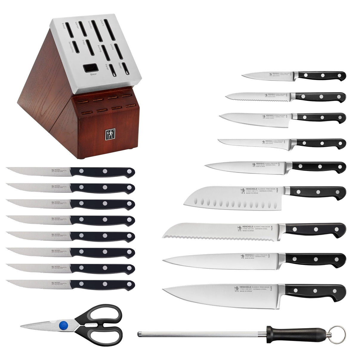 Classic Precision 20-pc Self-Sharpening Knife Block Set by HENCKELS – 20-pc, ZWILLING Carbon No Stain Steel, Brown, Pack of 20, Model 1025288