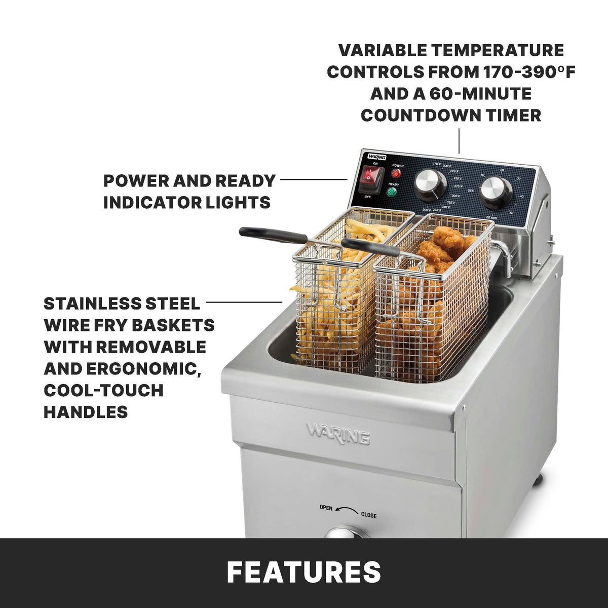 Deep Fryer with 15 lb Capacity & Variable Temperature Control by Waring – 15lb Deep Fryer, Stainless Steel, Silver, Model WDF1700