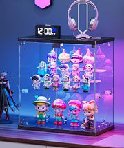 Vlsrka Glass Display Case with RGB Lights and Removable Shelves,Black | External module-controlled RGB lighting with 7 colors, 5 dynamic effects and music sync for tabletop collectibles