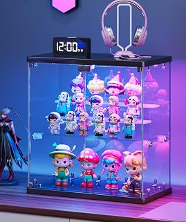Vlsrka Glass Display Case with RGB Lights and Removable Shelves,Black | External module-controlled RGB lighting with 7 colors, 5 dynamic effects and music sync for tabletop collectibles