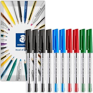 STAEDTLER stick 430M Ballpoint Pen - 0.5mm Medium Point - Pack of 10 in Envelope Packaging - Black, Blue, Red, Green Ink