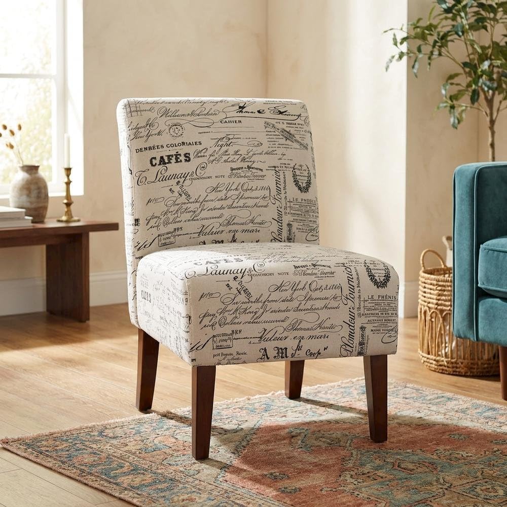 Linen Script Lily Chair in Brown by Furnifact – Eucalyptus Wood, Local Hardwoods, Fabric, Foam, Rubberwood,Plywood, Brown