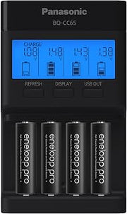Panasonic K-KJ65KHA4BA Super Advanced 4-Position Quick Charger with LCD Indicator Panel, USB Charging Port and 4AA eneloop pro Rechargeable Batteries, Black