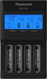 Panasonic K-KJ65KHA4BA Super Advanced 4-Position Quick Charger with LCD Indicator Panel, USB Charging Port and 4AA eneloop pro Rechargeable Batteries, Black