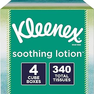 Kleenex Soothing Lotion Tissues with Aloe, Coconut Oil and Vitamin E, 4 cube boxes, 1 Cube Box containe 85 Tissues. Total of 340 Tissues. Assortment Colors.