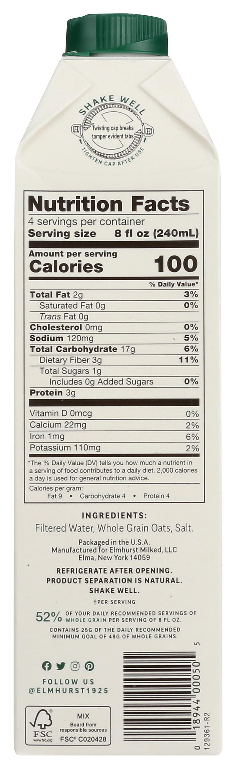 Milk Oat Unsweetened, 32 Fl Oz by Elmhurst – 32 Fl Oz (Pack of 1), Model 0018944000505