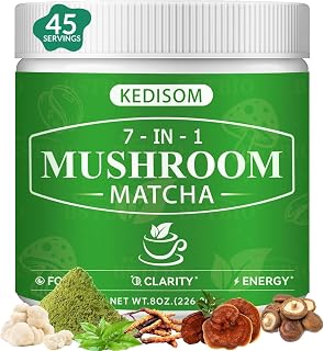 Mushroom Matcha, Adaptogenic Mushroom Blend with 7 Superfood Mushrooms and Ceremonial-Grade Matcha for Energy, Focus, Digestion, Immunity with Turkey Tail, Shiitake, Lion's Mane, 45 servings
