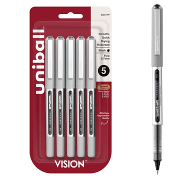uniball Vision Rollerball Pens by Uni-Ball – 1 Count (Pack of 5), Plastic, Black, Model 60051PP