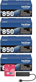 Genuine TN850 High-Yield Black Toner 4-Pack Bundle with Accessories | Brother Genuine TN850 High-Yield Black Toner 4-Pack Bundle with 4-Port USB Hub and Flash Drive