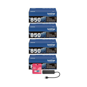Genuine TN850 High-Yield Black Toner 4-Pack Bundle with Accessories by Brother – Medium, Black, Model ATN850