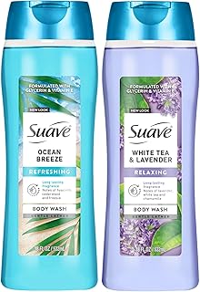 Suave Body Wash Variety 2-Pack, Ocean Breeze + White Tea & Lavender – Gentle Body Washes with Fresh Blend Oil Essence, 18 Oz Ea