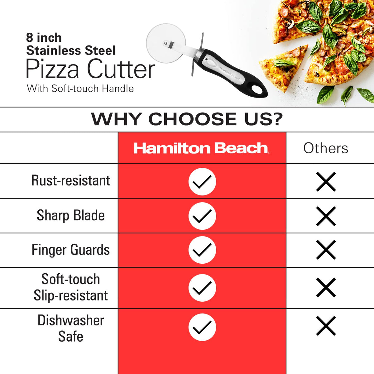 Pizza Cutter 8in soft touch handle by Hamilton Beach – Pizza Cutter, Stainless Steel, Black