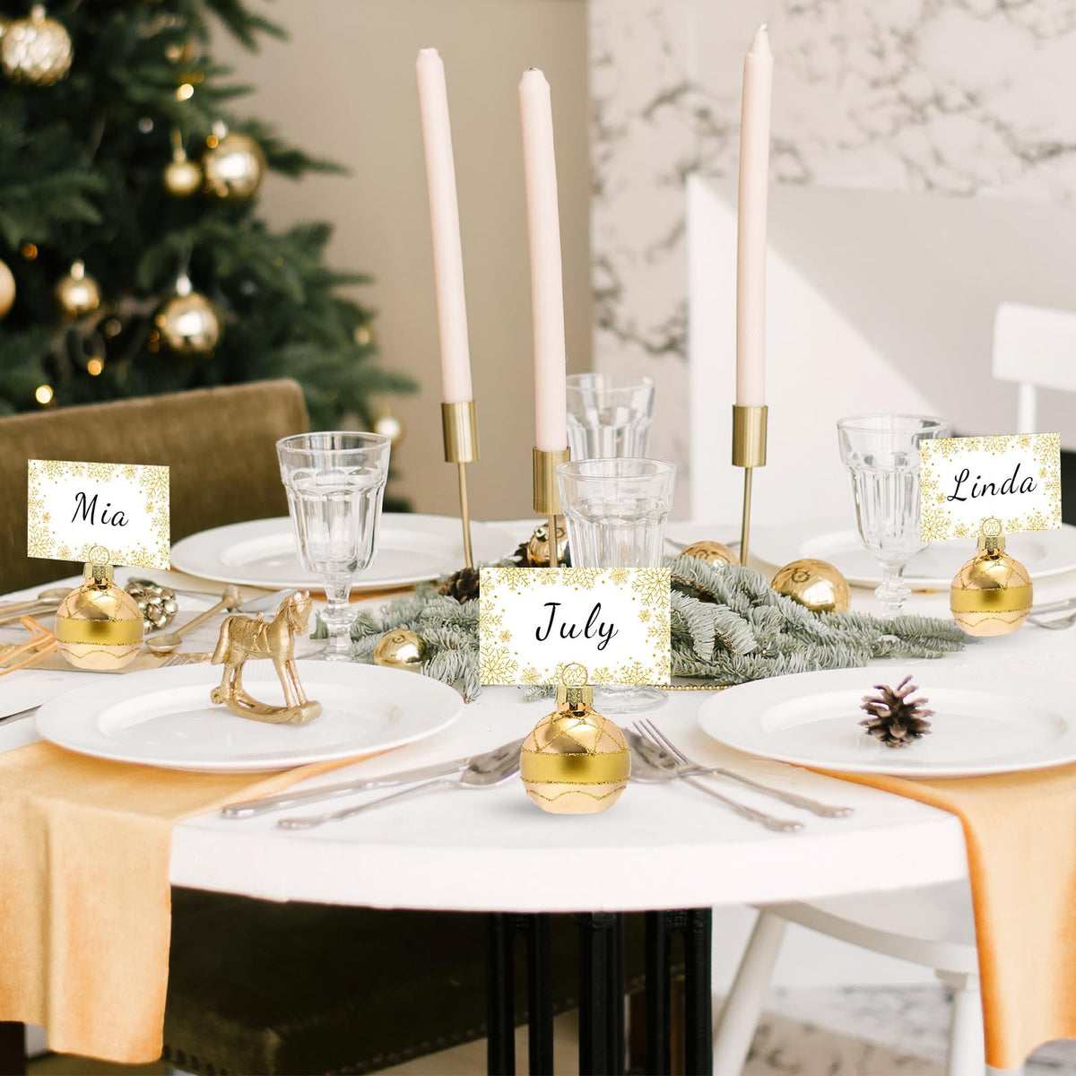 Whaline Ball Ornament Place Card Holders, Gold Snowflake, 12 Pack