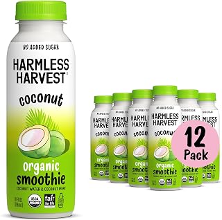 Harmless Harvest Vegan Organic Coconut Smoothie, 10 Fl Oz, 12 Pack | Blend of Coconut Water & Coconut Meat, Natural Hydration with MCTs, No Sugar Added, Fair for Life Certified