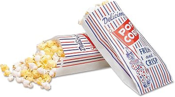 Pinch-Bottom Paper Popcorn Bag, Delicious Popcorn: Circus Clown Icon Labeling, 4" x 1.5" x 8", Red/White/Blue, 1,000/Carton