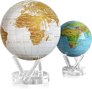 MOVA Globe Bundle – Pearl White and Gold 8.5” + Blue Relief Map 4.5” | Solar-Powered Rotating Globes | No Batteries or Cords | Modern Luxury Meets Classic Geography Decor