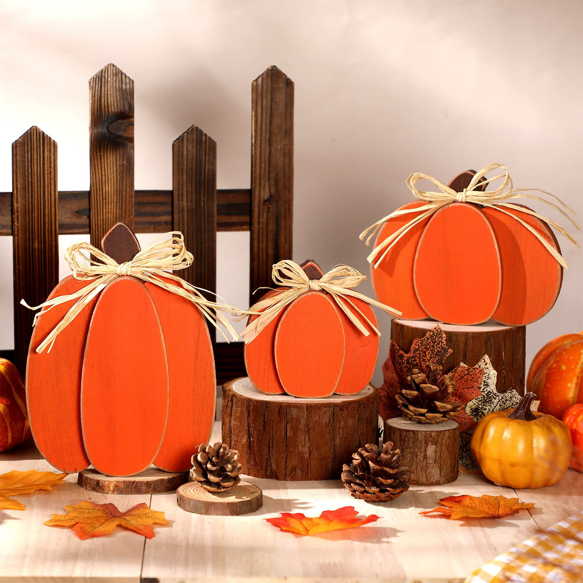 Ferraycle Wooden Pumpkin Decor, Set of 3, Orange