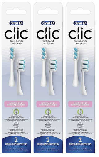 Clic Toothbrush Sensitive Clean Replacement Brush Heads by Oral-B – 2 Count (Pack of 3), Nylon, White, Pack of 3, Model 91129038
