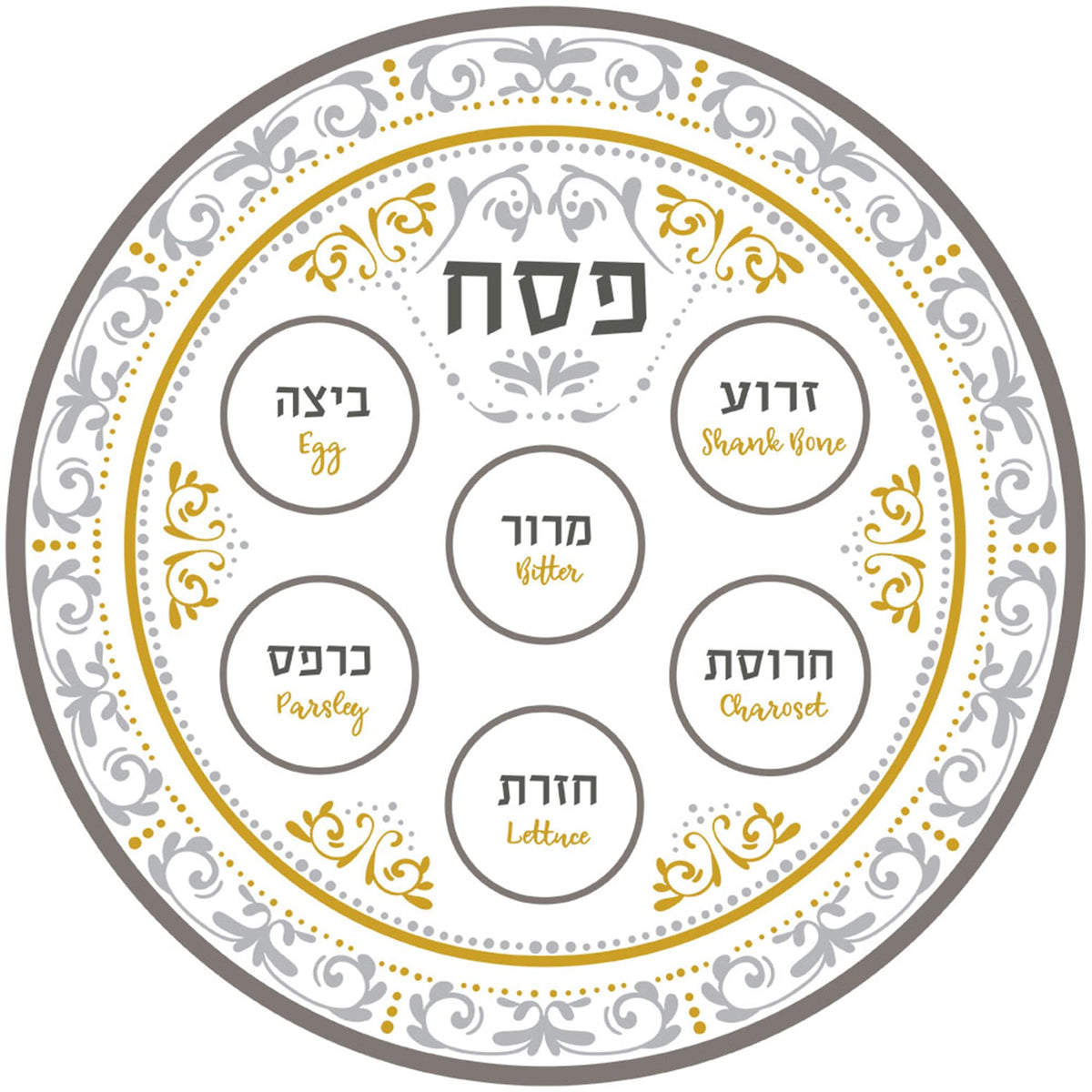 Zion Judaica Renaissance Seder Plate, Melamine Round Tray, Gold and Silver Floral