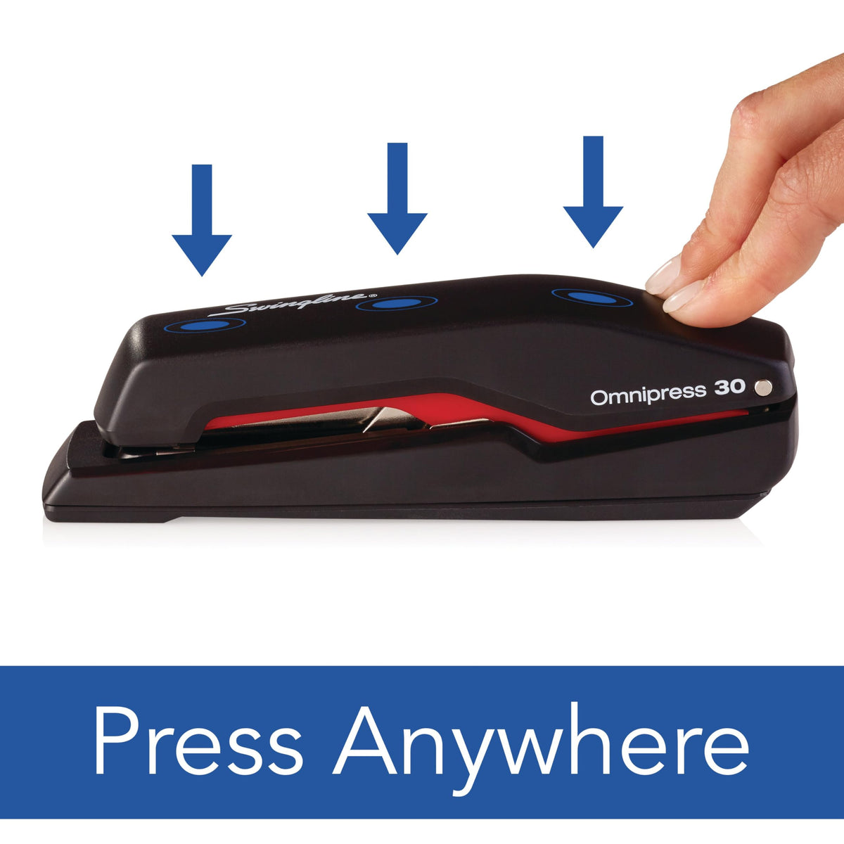Stapler, Omnipress 30 Stapler, "Press Anywhere for Easier Use", 30 Sheet Capacity, Black/Red () by Swingline – Plastic, Black/Red, Model 5000586A