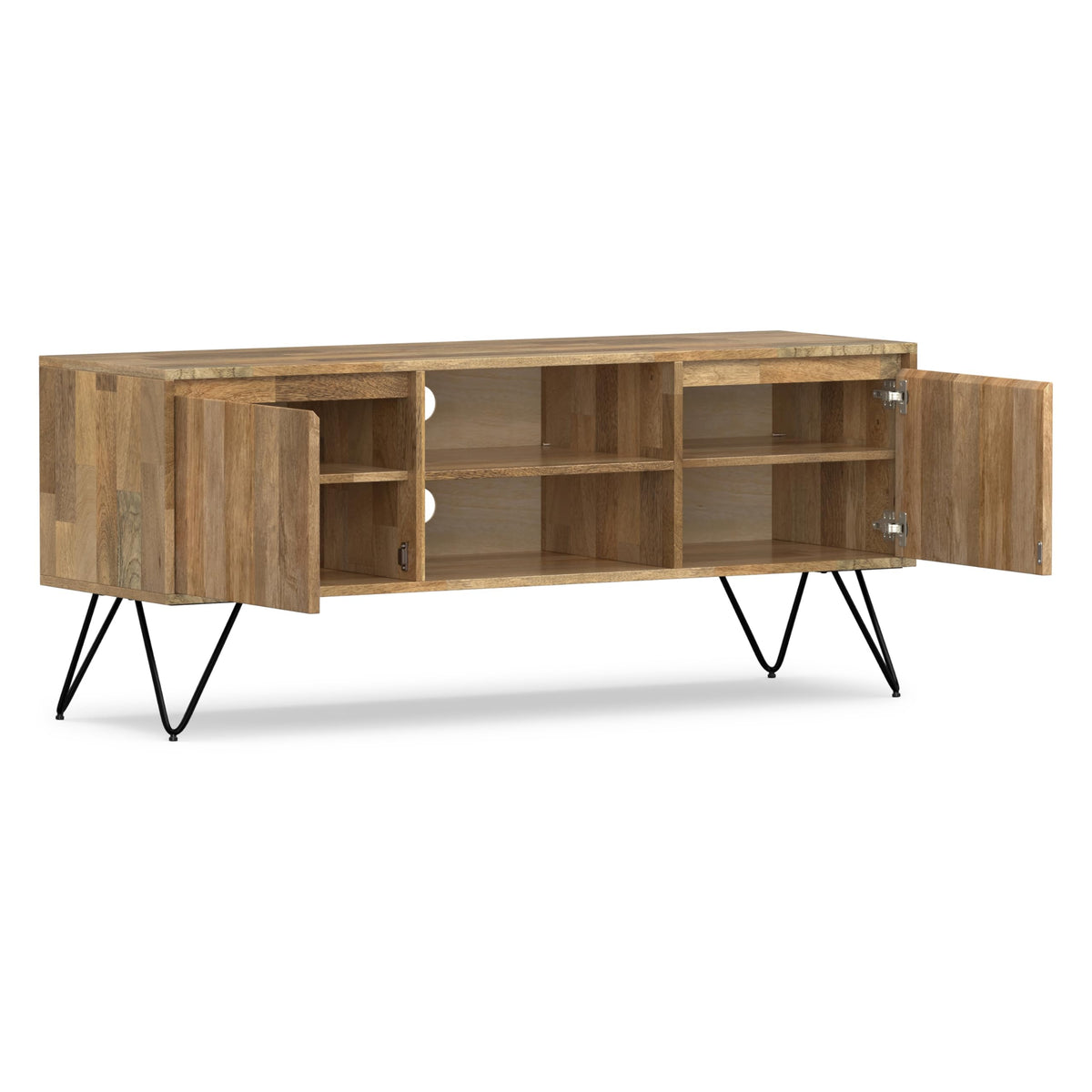Kitchener 60" Wide Solid Wood TV Stand in Hickory Brown by SIMPLIHOME – 60 inch, Mango Wood, Refined Natural, Model AXCHUN-08