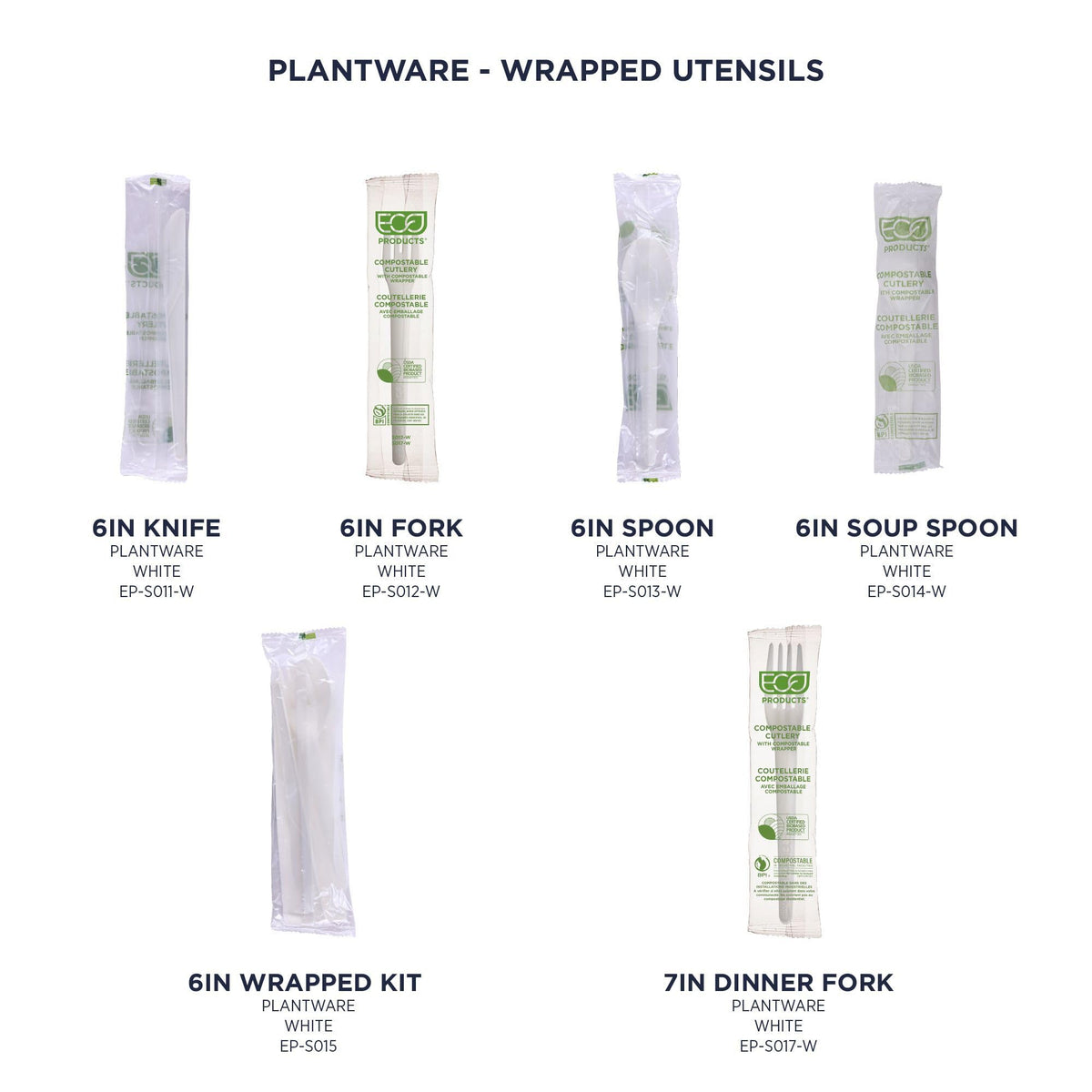 Eco-Products Compostable CPLA 6" Plastic Utensil Set – Wrapped Plantware Cutlery, Case of 250, White Disposable Knife, Fork, Spoon, and Napkin, Renewable Material Made from Plants, Sturdy and Strong