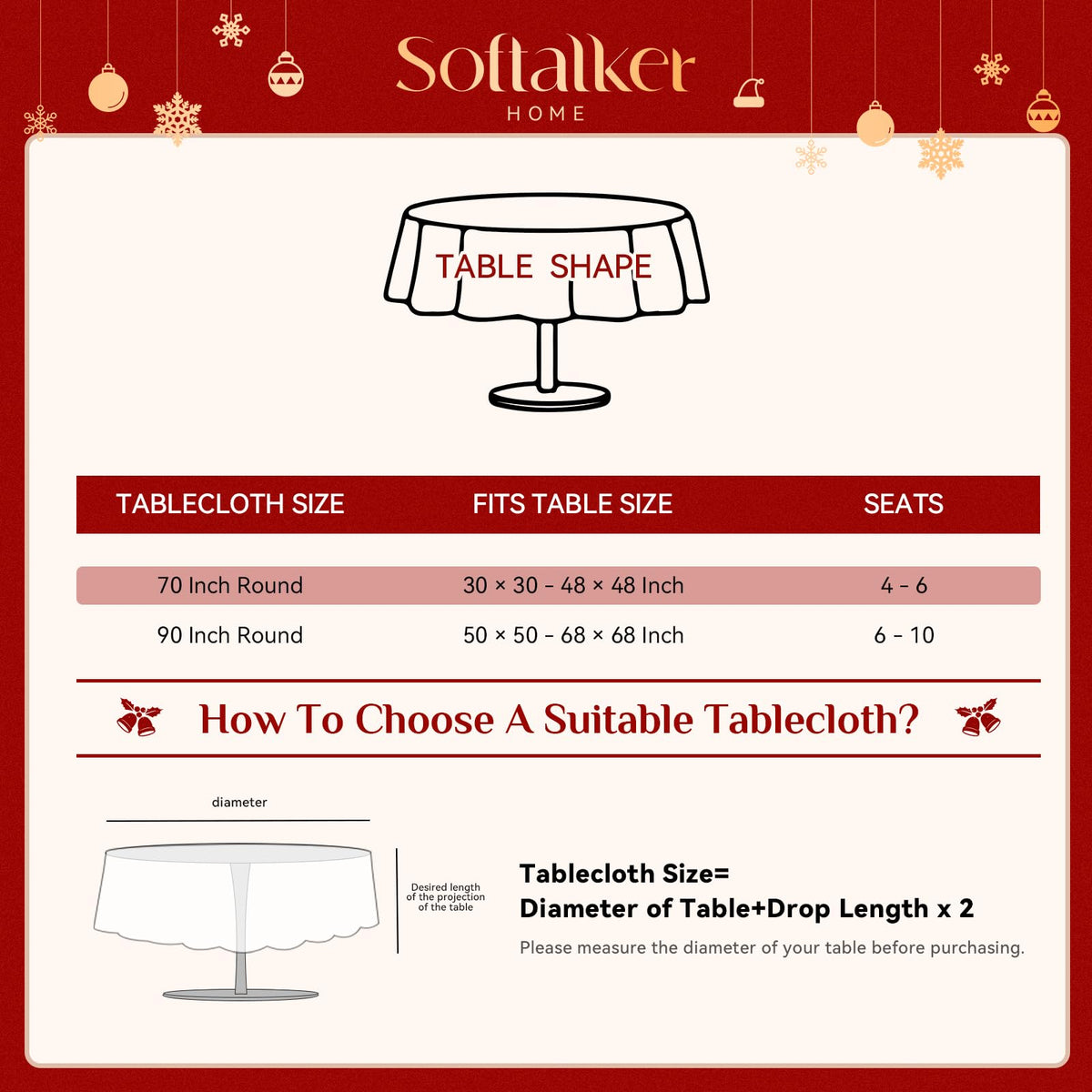 Softalker Christmas Jacquard Tablecloth, 70 Inch Round, Holly