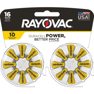 Size 10 Hearing Aid Batteries (16 Pack) by Rayovac – 16 Count, Plastic, Yellow Tab, Model 10-16