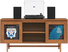 Crosley Furniture Dempsey Record Player Cabinet Vinyl Storage and Display Mid-Century Modern Turntable Stand, Walnut