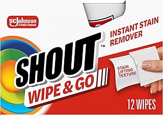 SHOUT Wipe & Go Instant Stain Remover Wipes, No Wash Required, Safe on Colorfast Washables, Travel & Baby Diaper Bag Essentials, Removes Grass, Coffee, Makeup & More, 12 Wipes (Pack of 1)