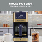 Timeless 12-Cup Programmable Coffee Maker with Brew Strength Selector for Hot and Iced Coffee by West Bend – 12 Cup, 12 cups, Blue/Gold, Model CMWB12SB13