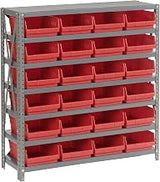 Global Industrial 7 Shelf Steel Shelving with (24) 4" H Plastic Shelf Bins | Gray Frame & Red Bins, 36"W x 12"D x 39"H, Industrial or Commercial Storage, Assembly Required