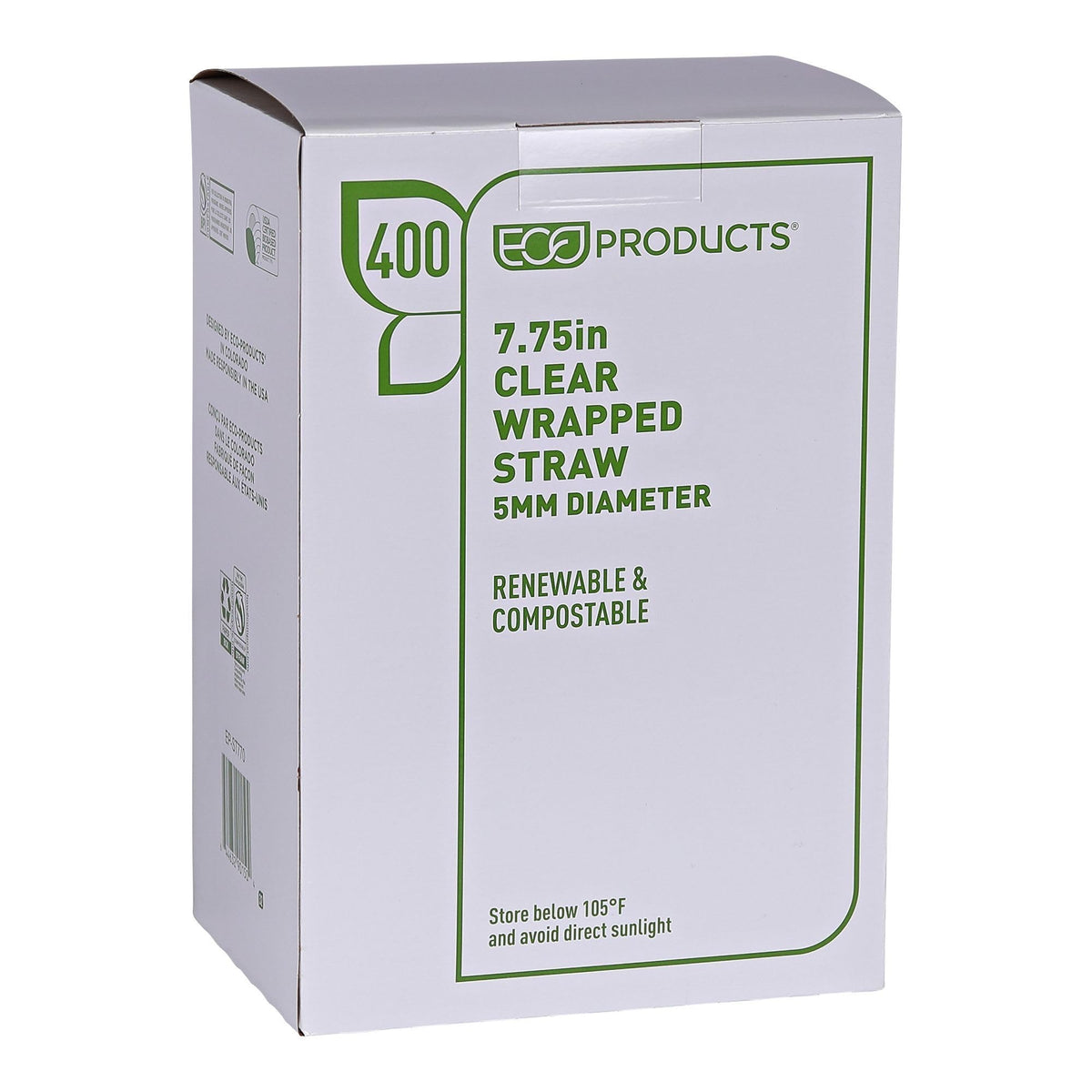 Eco-Products Compostable Paper Wrapped Plastic Straws – 7.75" Long, 5mm Diameter, Case of 9600, Clear Disposable Plant Based PLA Plastic, Standard Sized Drinking Straws, ASTM Compliant, BPI-Certified