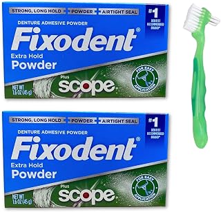 Fixodent Extra Hold Denture Adhesive Powder Pack of 2 with 1 Denture Brush (3 Items)
