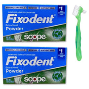 Extra Hold Denture Adhesive Powder Pack of 2 with 1 Denture Brush (3 Items) by Fixodent – Dentures, Partial Dentures, Green, Model FIXODENT1354