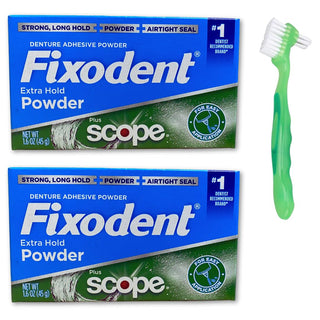 Extra Hold Denture Adhesive Powder Pack of 2 with 1 Denture Brush (3 Items) by Fixodent – Dentures, Partial Dentures, Green, Model FIXODENT1354