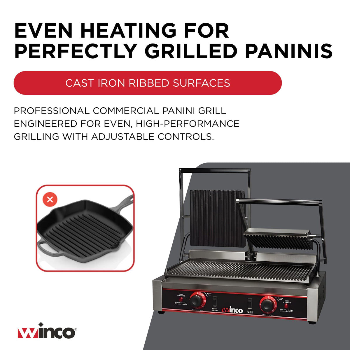 9" Double Commercial-Grade Panini Grill Press by Winco – Double, Cast Iron, Silver, Model EPG-2