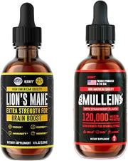 HERBIFY Bundle - Lions Mane & Mullein 4 Fl Oz Strawberry Drops - Supplement for Memory, Focus & Clarity & Immune Support, Lung Cleanse and Bronchial Support