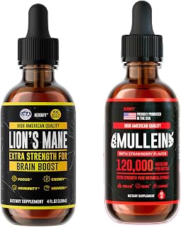 HERBIFY Bundle - Lions Mane & Mullein 4 Fl Oz Strawberry Drops - Supplement for Memory, Focus & Clarity & Immune Support, Lung Cleanse and Bronchial Support