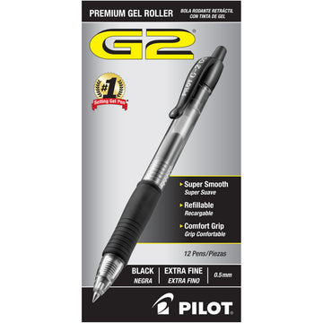 G2 Extra Fine Point Black Gel Ink Pens by PILOT – 12 Count (Pack of 1), Plastic, Black Ink, Model 31002