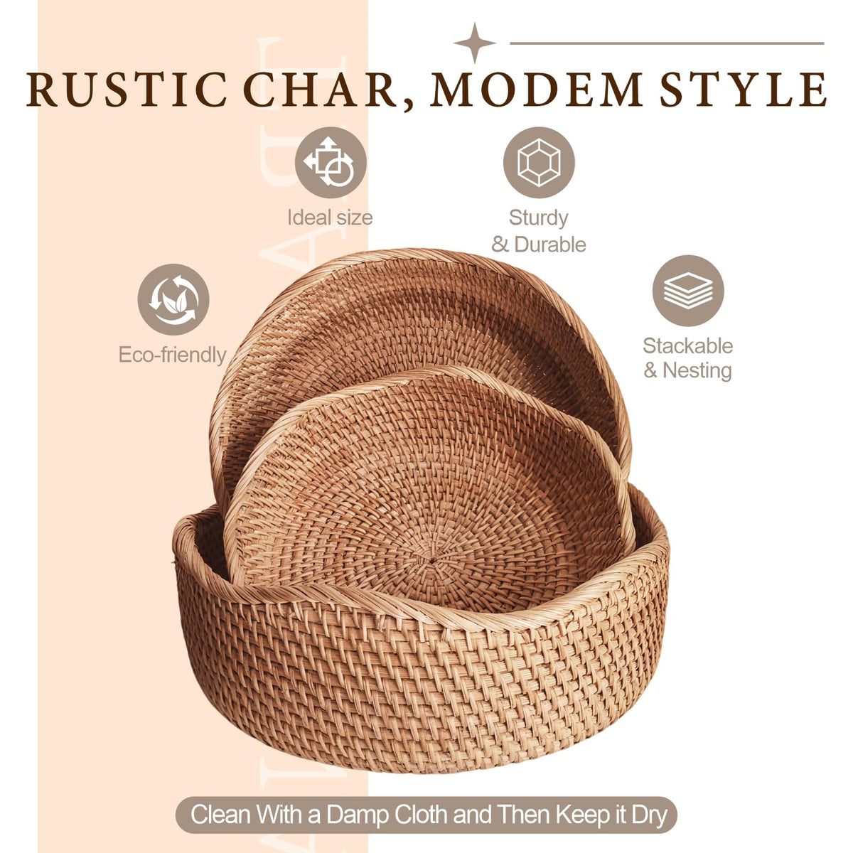 Oavostd Rattan Fruit Basket, Handwoven Wave Set, Natural