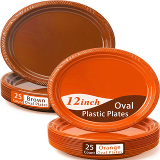 Bonsiny Oval Plastic Plates, 10x12 Inch, Orange and Brown, 50 Count