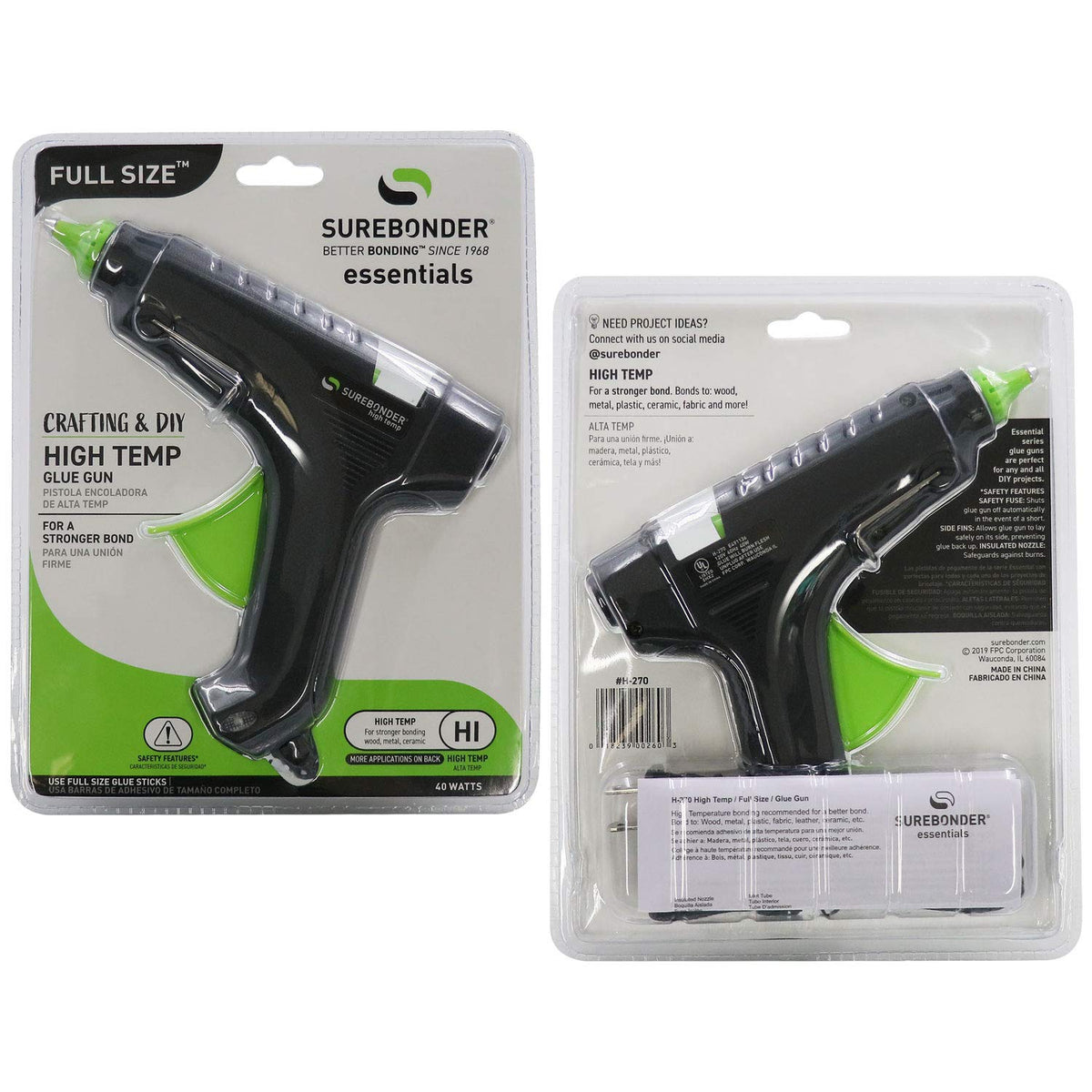 Essentials Series 40 Watt Full Size High-Temperature Hot Glue Gun for Crafting by Surebonder – 1 Pack, Plastic, Black and Green, Model H-270