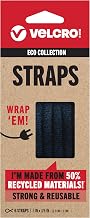VELCRO Brand ECO Collection 6ct Pre-Cut Straps 5in x 3/8in, Sustainable 50% Recycled Material, Black