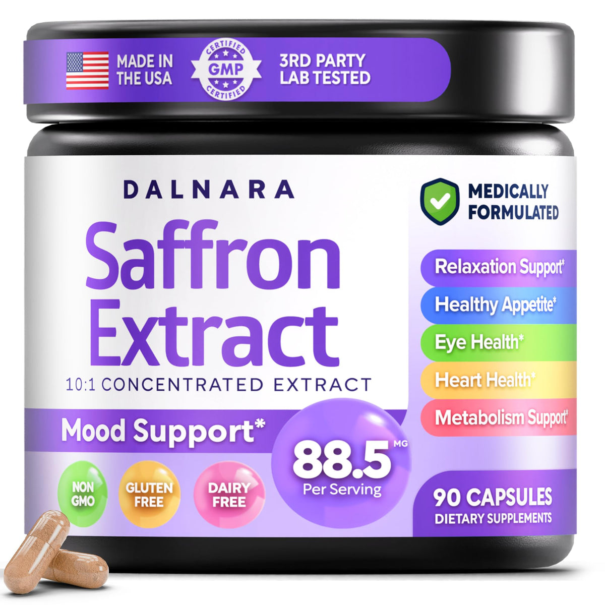 Saffron Supplements for Women 88.5mg Mood | Focus | Vision | Energy Support by Dalnara – 90 Count (Pack of 1)