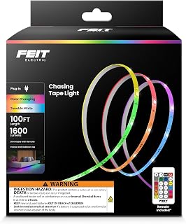 Feit Electric 100ft Chasing & Tunable White LED Tape Light, Dimmable, RGB Colors, Cuttable for Custom Fit, Slim 0.4-Inch Width, Indoor/Outdoor Plug-in Light Strip, Remote Controlled, TAPE1200/CHASE