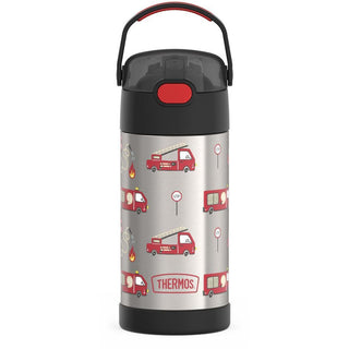 FUNTAINER Water Bottle with Straw by THERMOS – 12 Ounces, 12.0 fluid_ounces, Stainless Steel, Firetruck, Model F4107FT6