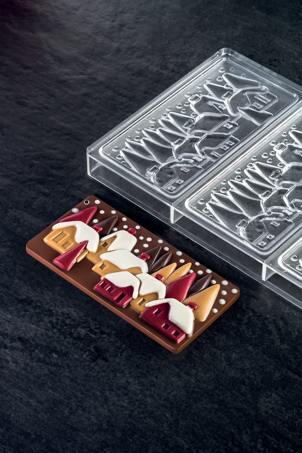 Polycarbonate Chocolate-Bar Mold with Three Xmas-Village Cavities by Pavoni – 77mm x 154mm x 10mm H, Polycarbonate, Xmas Village, Model PC5038